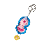 Crocheted vulva keychain with a pink and blue design