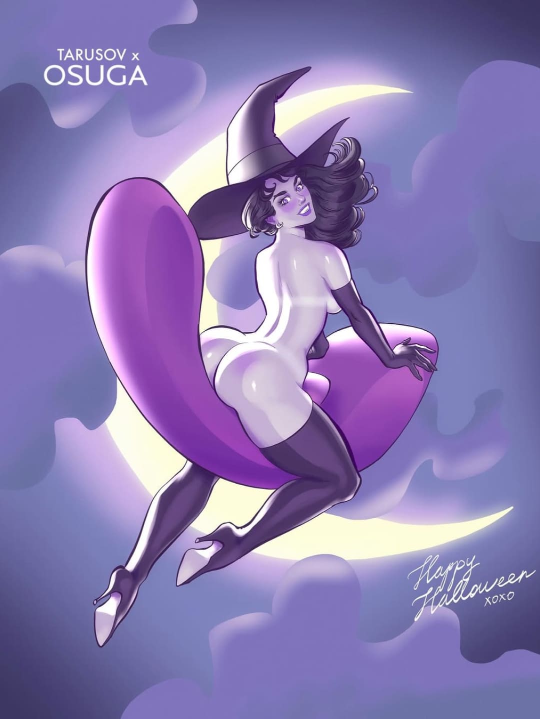 Illustration of a witch sitting on a purple flow vibrator with a crescent moon in the background, featuring the text 'Tarusov x Osuga' and 'Happy Halloween'.